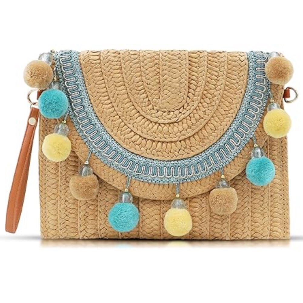 Stylish Tan and Blue Pom-Pom Clutch